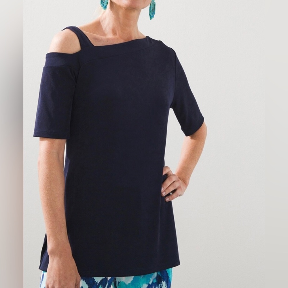 NWT Chico's Travelers Elbow Sleeve Off Shoulder Tunic Top Dark Blue Sz 3 (16/18)